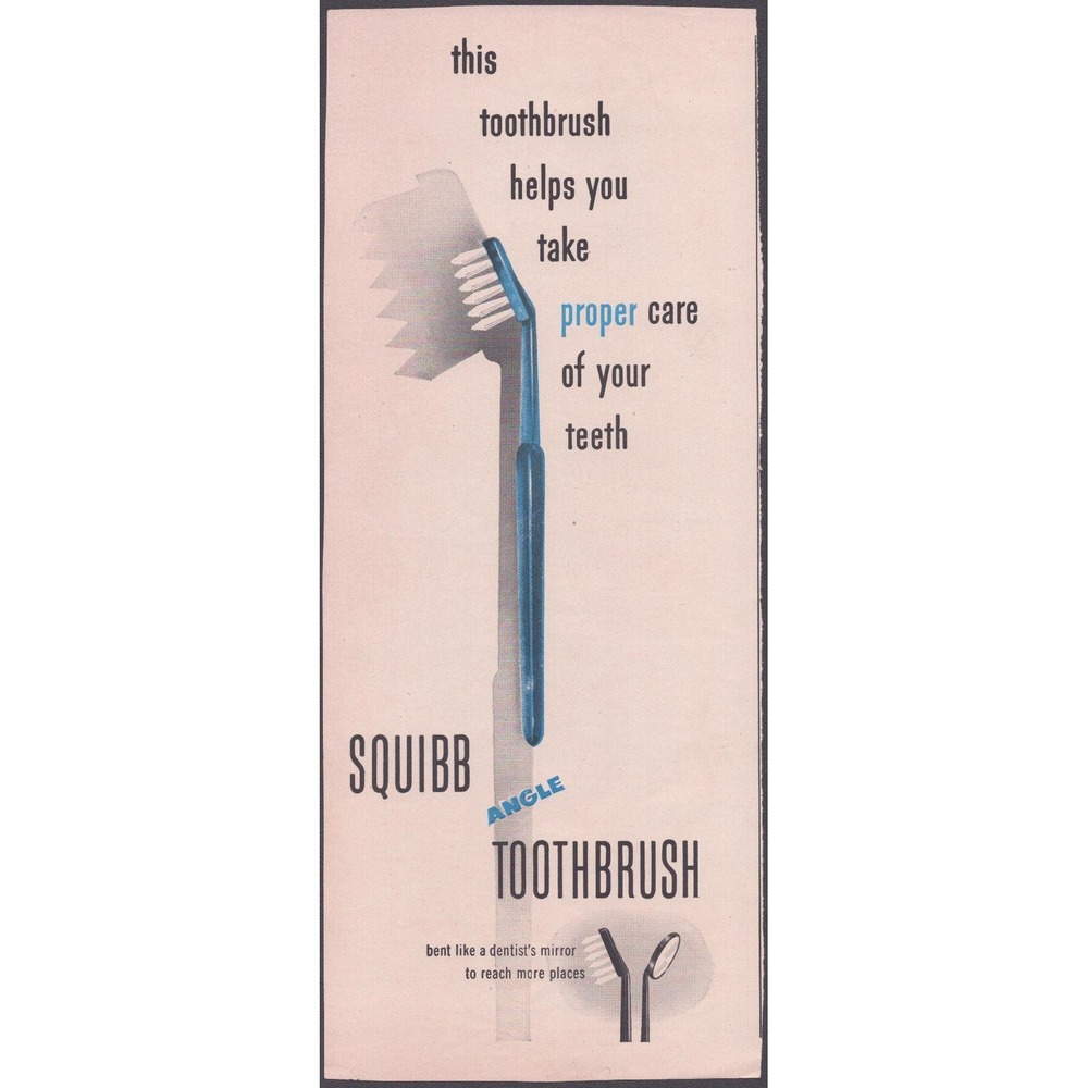 Vintage Squibb Angle Toothbrush Print Advertisement Blue Mid Century Dental VG+